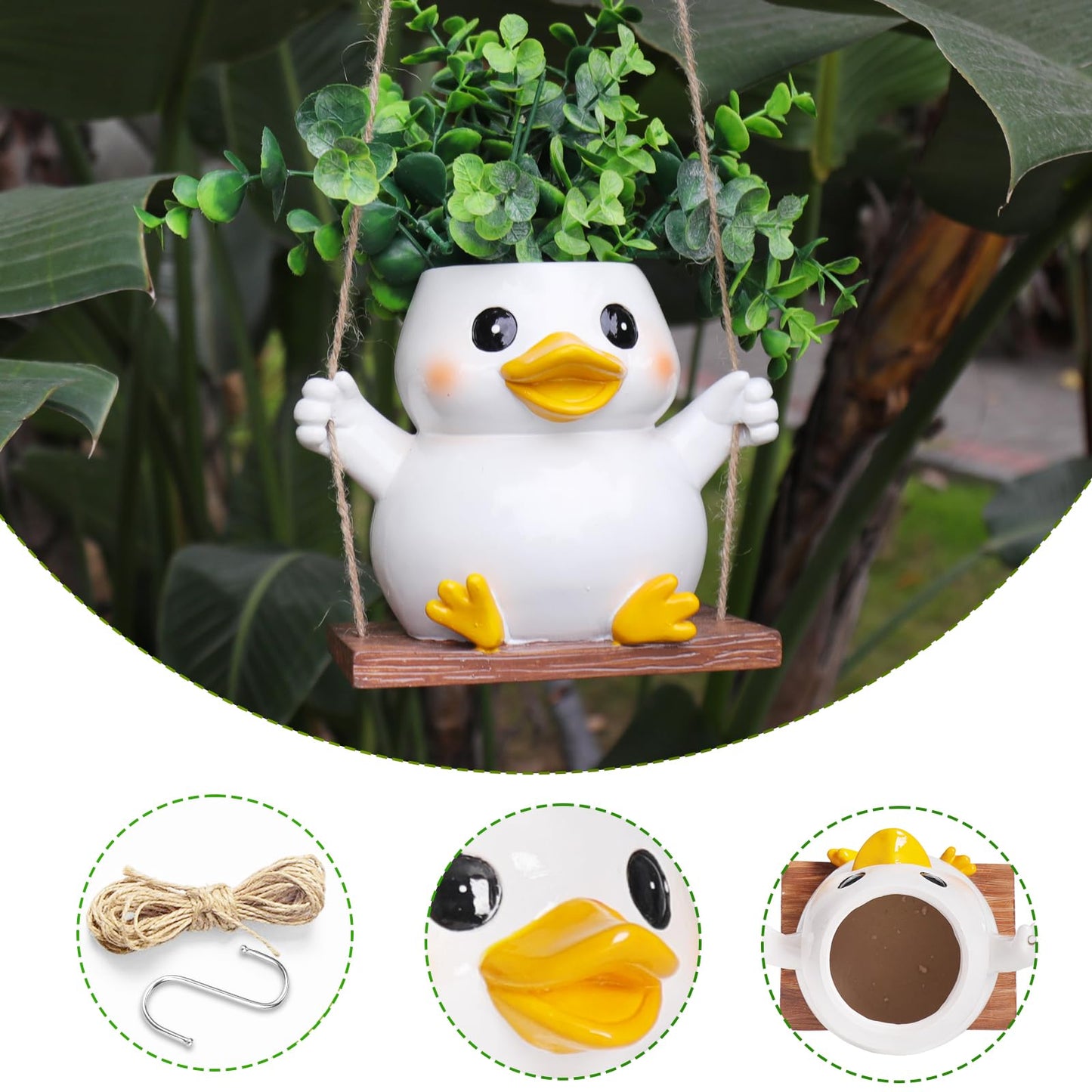 UMESONG Cute Swing Duck Hanging Planters for Indoor Plants Small Succulent Pots with Drainage Hole Unique Resin Outdoor Plant for String of Pearls Gift Ideas for Mother Day Christmas