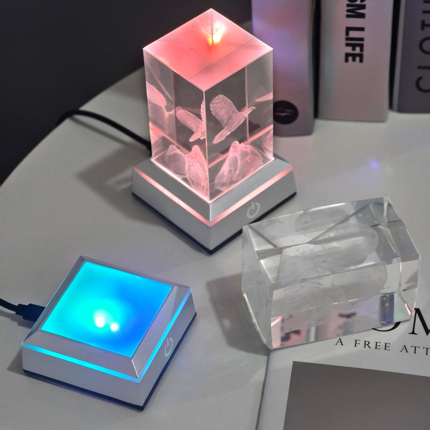 vskikris Museum-Style Lighting Base for Feng Shui Crystals - USB/Battery Operated LED Platform for Window Display & Tabletop Decor Set of 4 -no Cubes