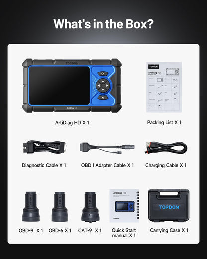 TOPDON ArtiDiag HD Heavy Duty Truck Scanner, Diesel Diagnostic Tool, Full System Truck Scanner for Cummins Detroit MaxxForce, 10 Reset Service, DPF Regen, Speed Limit Adjust Reset, 2 Years Free Update