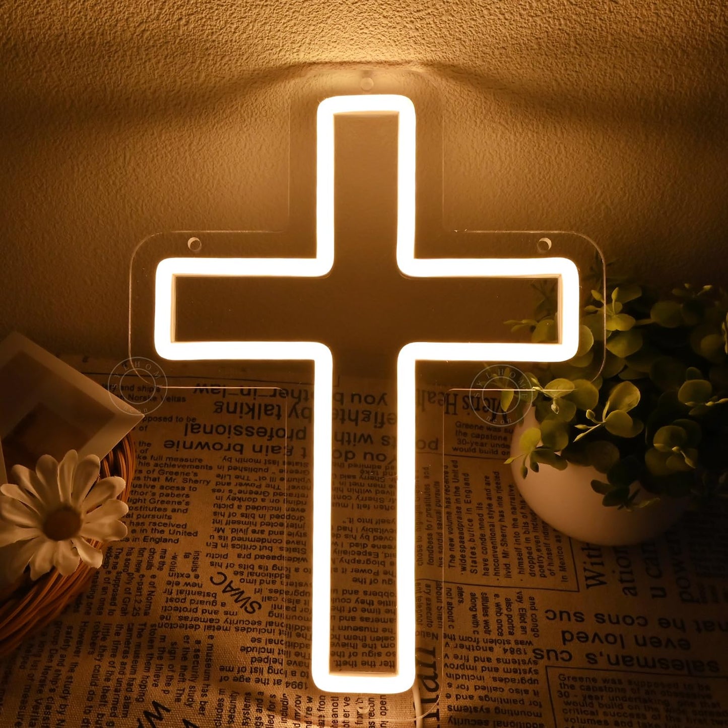 SYLHOME Cross Led Neon Light Sign Kids Bedroom Nursery Wall Sign Decor Christening Baby Shower Wedding Birthday Party Backdrop 11.8" X 8.66" USB