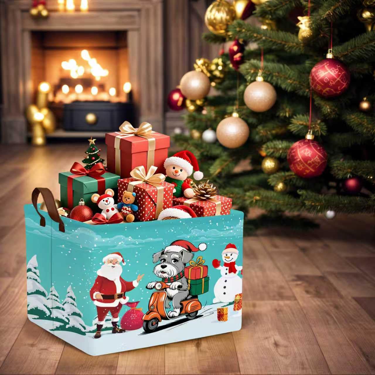 NIETEIN Large Kids Christmas Holiday Gift Empty Baskets Collapsible Families Holiday Storage Bin with Handle (Santa Claus Dog Snowflake)