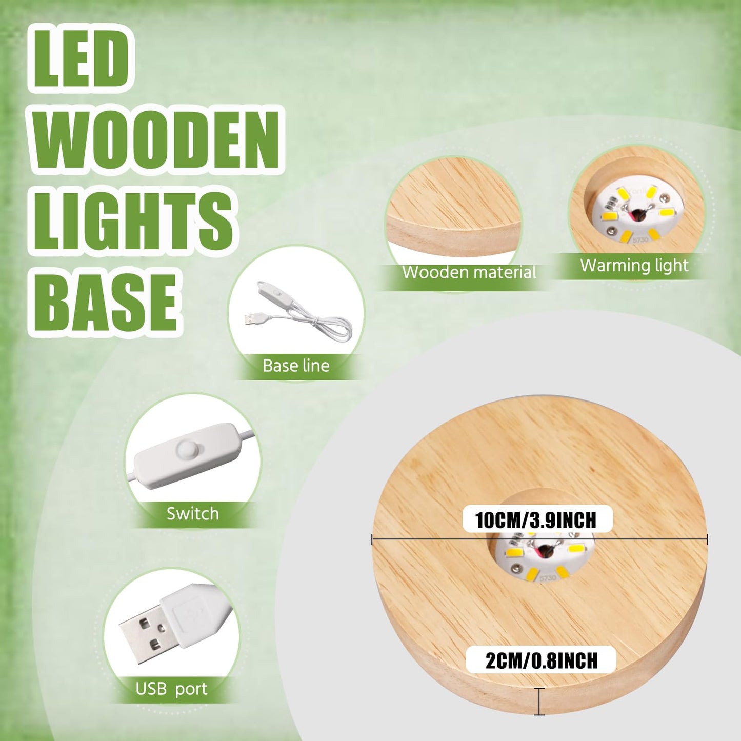 Olutacot 10 Pcs Wooden LED Display Bases Round Wood Display Lighted Bases for Glass Art LED Lighted Display Stand Bases for 3D Crystal Ball Room Office Home Decor