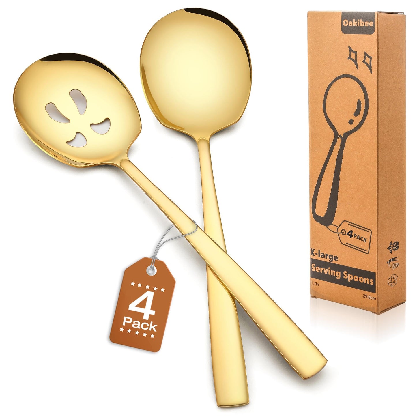 Extra Large Serving Spoons Set of 4-Piece, 11.7-Inch Gold Serving Slotted Spoon x 2 Serving Spoon x 2, Stainless Steel Serving Utensil for Buffet, Parties, Catering - Dishwasher Safe(4-Pack, Gold)