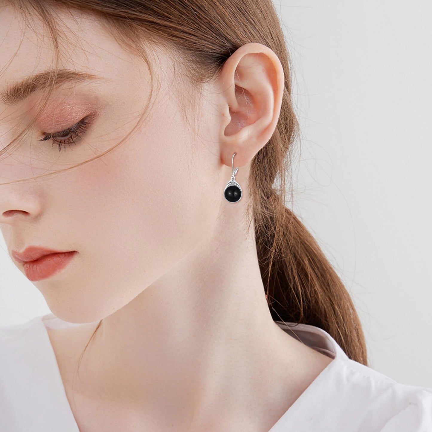 POPLYKE Black Agate Earrings for Women Sterling Silver Round Black Agate Leverback Earrings Dangle Earrings Jewelry Gifts Christmas Birthday