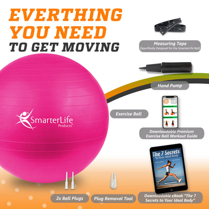 SmarterLife Exercise Ball Yoga Ball for Fitness, Balance, Stability, or Pregnancy, Gym Ball for Core Workout, Physical Therapy, Yoga Ball Chair for Office, Anti-Slip Anti-Burst