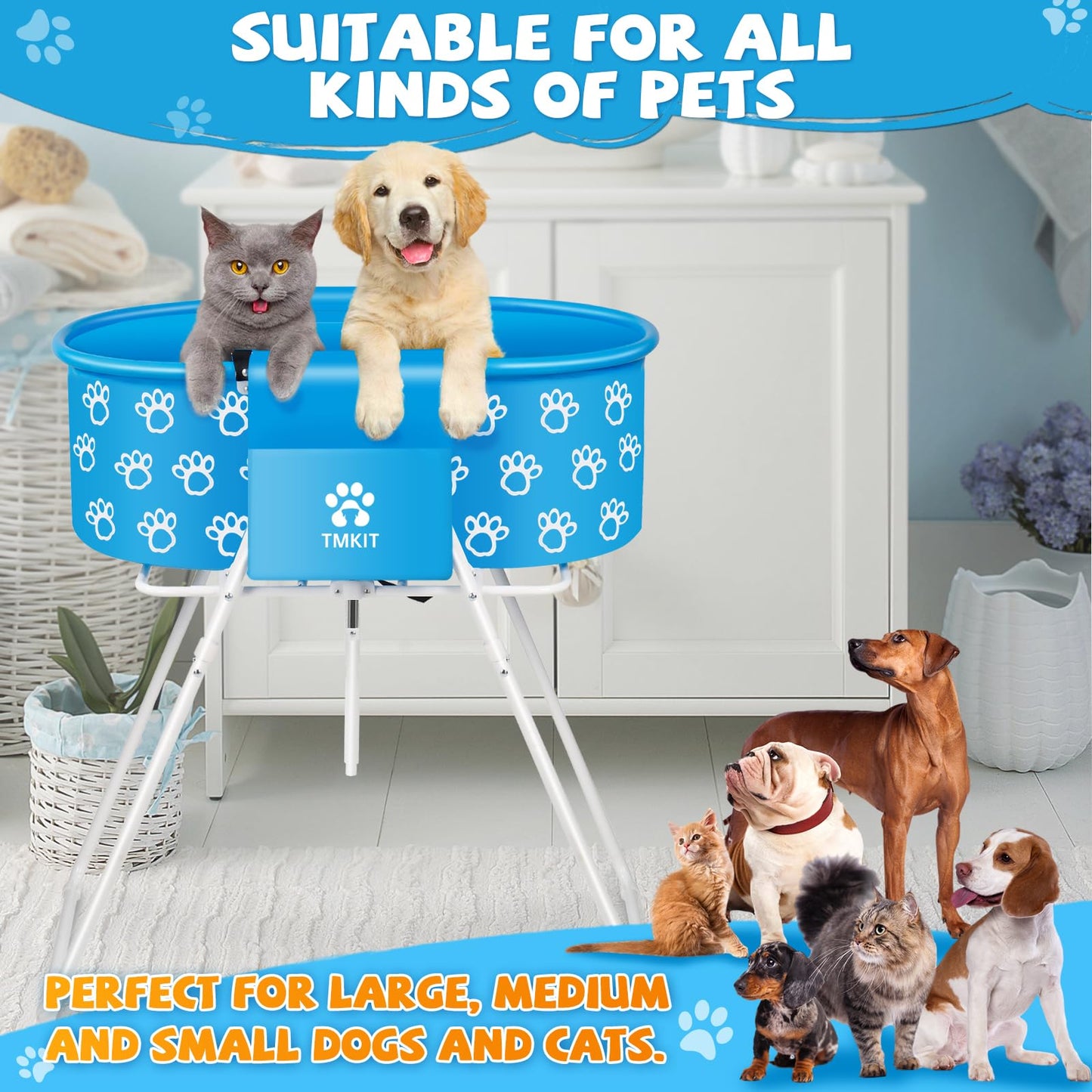 Tmkit Dog Bathtub, Elevated Dog Bath Tub for Pet Bathing Shower and Grooming. Portable, Foldable with Safety Lock, Professional Pet Dog Washing Station for Small, Medium, Large Dogs Cats, No Backache