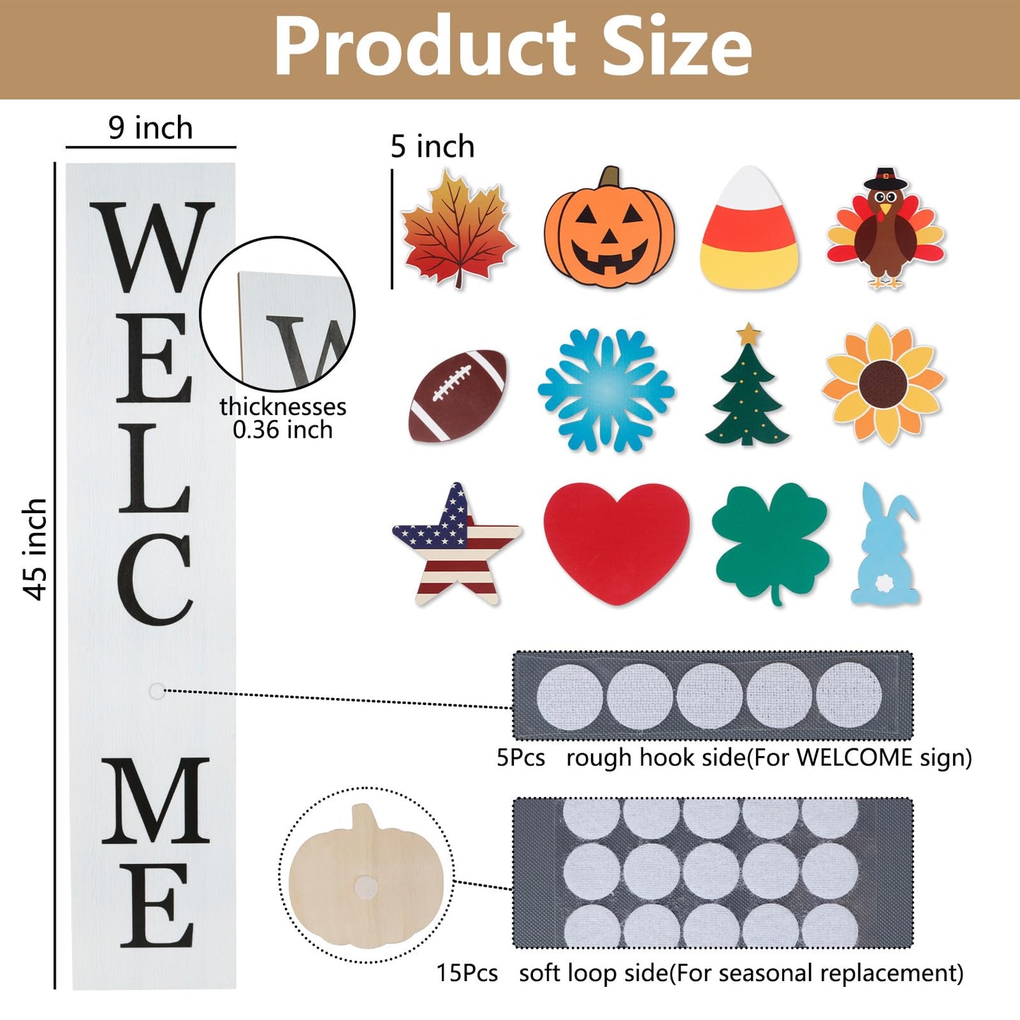 Interchangeable Welcome Sign for Front Porch- 45"X9" Large Standing/Hanging Wooden Sign with 12 PCS Replaceable Icons for 4th of July Fall Halloween Porch Wall Yard Decorations (White)