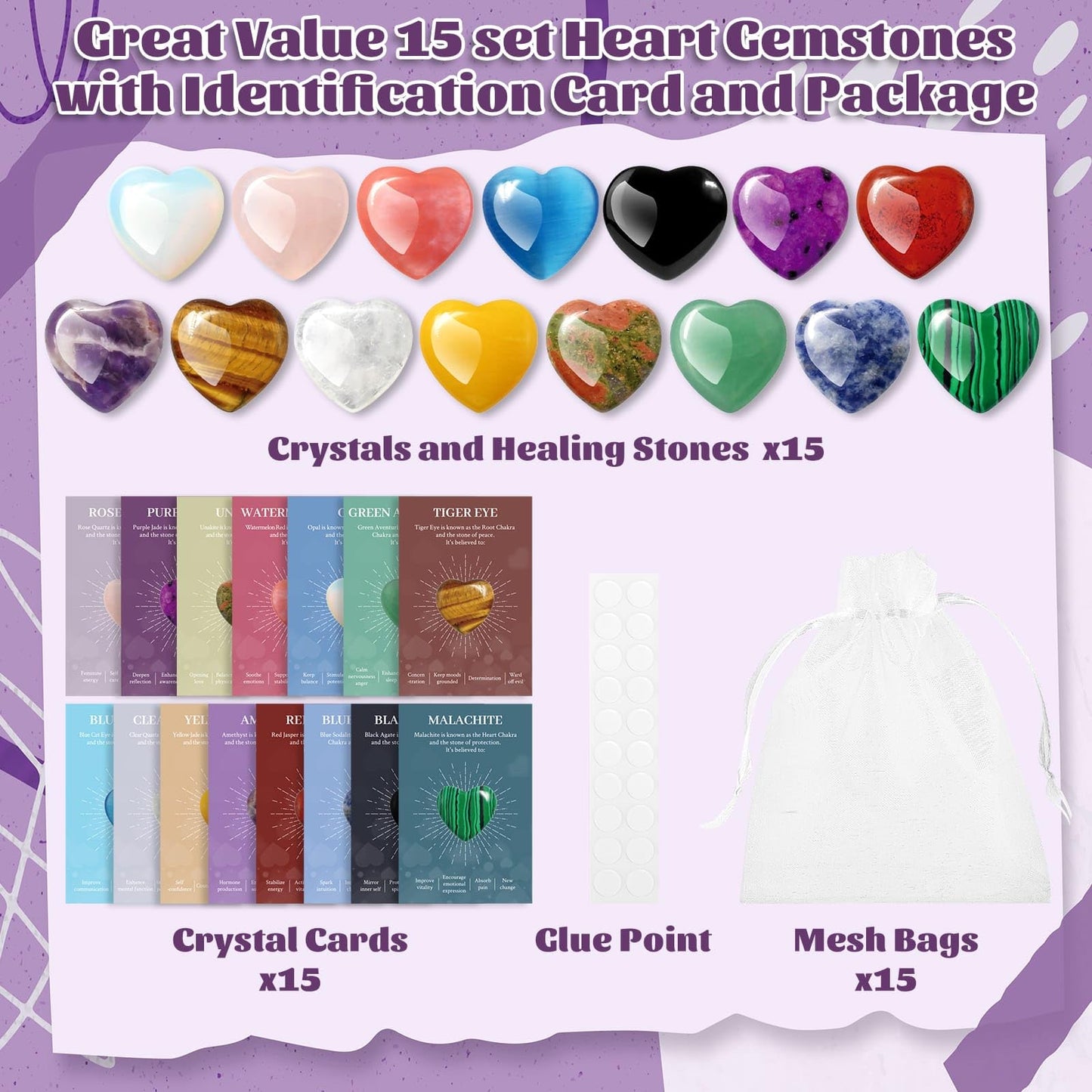 15Pcs Heart Crystals and Healing Stones Bulk, 0.8" Natural Polished Heart Shaped Rocks Gemstones with Meaning Cards for Meditation Balancing Chakra Reiki Spiritual Valentines Mother's Day Gifts