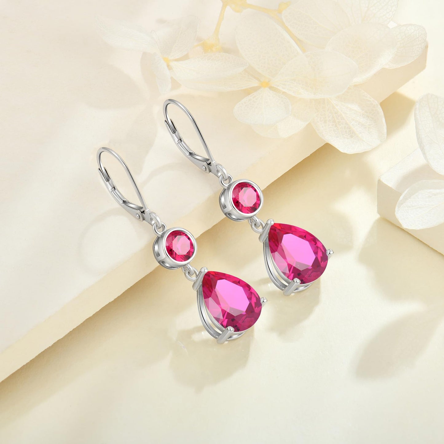 FYNSBLE Ruby Birthstone Earrings for Women,Sterling Silver Dangle Drop Leverback Earrings Hypoallergenic Jewelry for Women