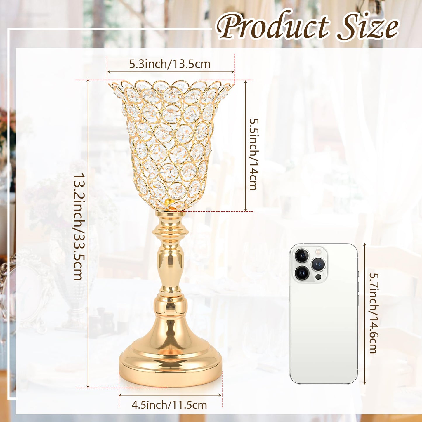 Kehail 6pcs Elegant Crystal Trumpet Metal Centerpiece Vases, Wedding Table Decoration Flower Stand Tulip Shape Decor Artificial Flower Arrangement Vase for Wedding Restaurant Vase Home Decor (Gold)