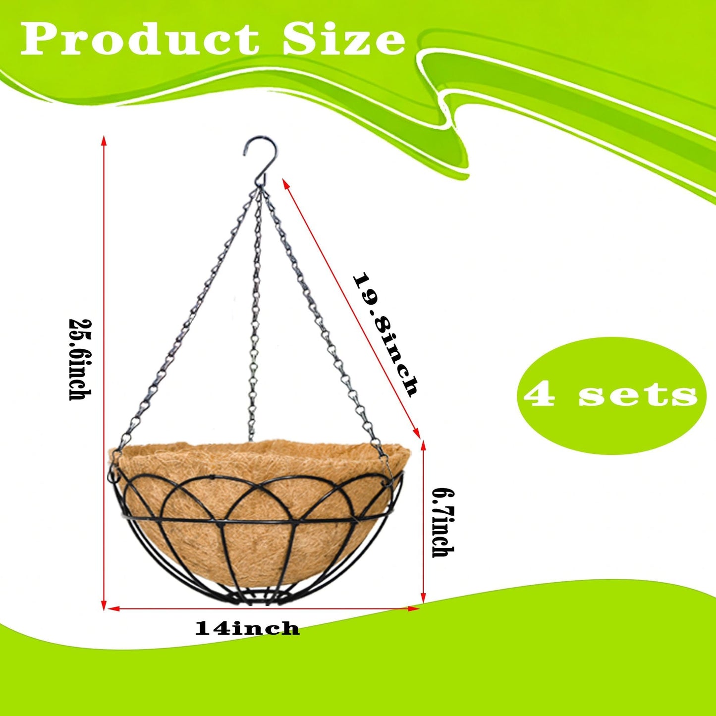 JFFLYIT 4 Pack 14 Inch Black Wire Hanging Planter with Coir Fiber Outdoor Round Hanging Basket with Metal Chain for Balcony Porch Farmhouse Country Style Garden Decor (Lotus Pattern)