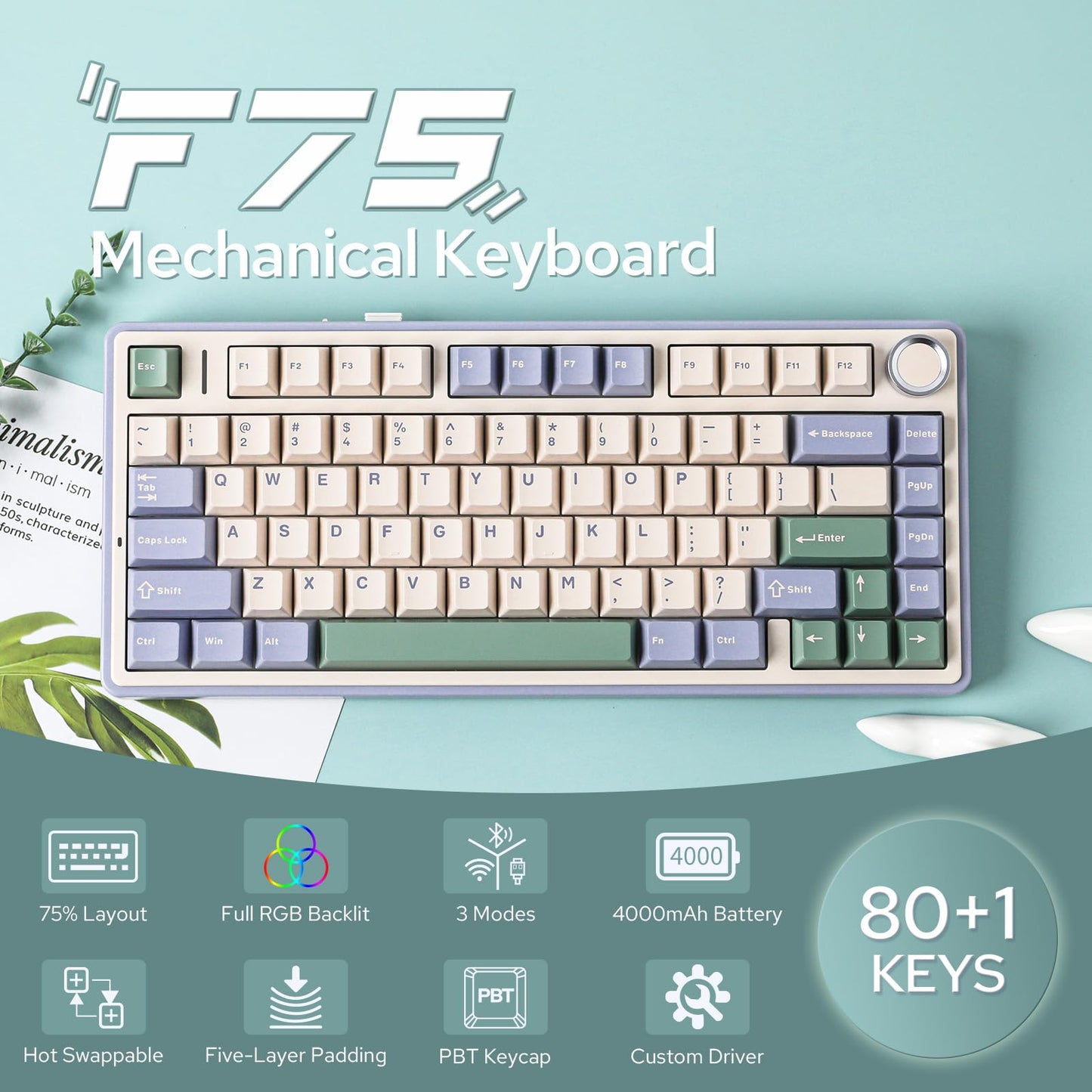 EPOMAKER x Aula F75 Gasket Mechanical Keyboard, 75% Wireless Hot Swappable Gaming Keyboard with Five-Layer Padding&Knob, Bluetooth/2.4GHz/USB-C, RGB (Light Blue, LEOBOG Reaper Switch)