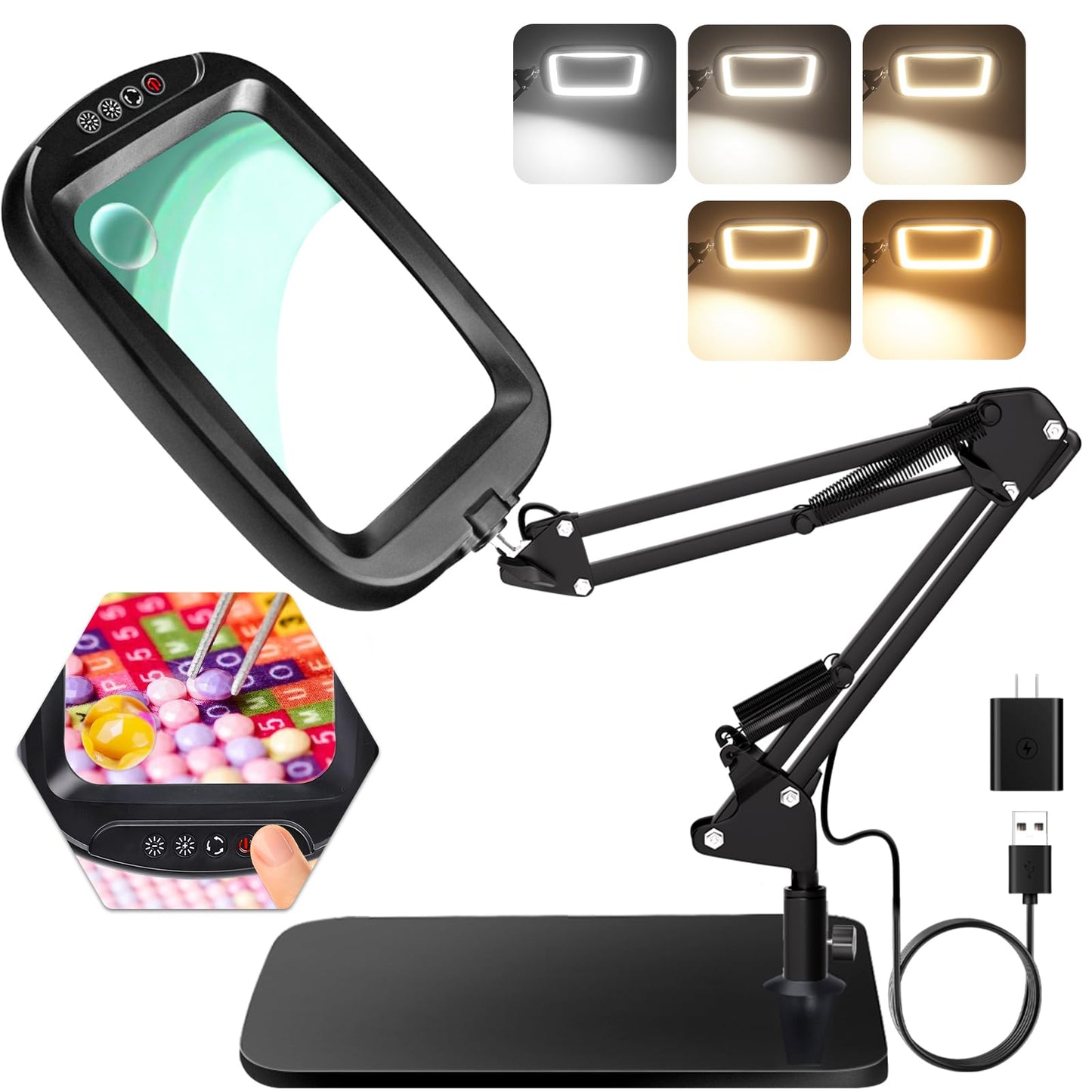 10X 30X Extra Large Magnifying Glass with Light and Stand,7-inch Lighted Magnifier,5 Color Modes Stepless Dimmable,Rectangle Hands-Free Magnifying Glass Desk Lamp for Reading Craft Hobby Close Work LB