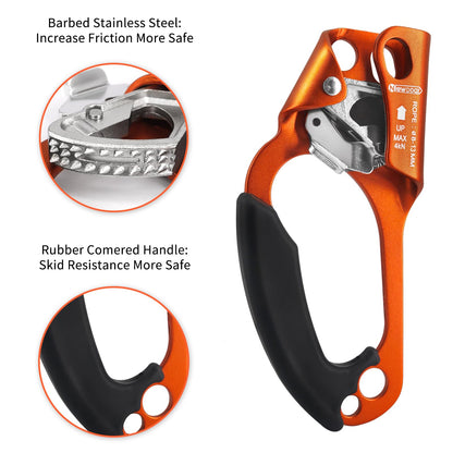 NewDoar Left Hand Ascender Rock Climbing Tree Arborist Rappelling Gear Equipment CE Certified Rope Clamp for 8~13MM Rope(Orange-Left)