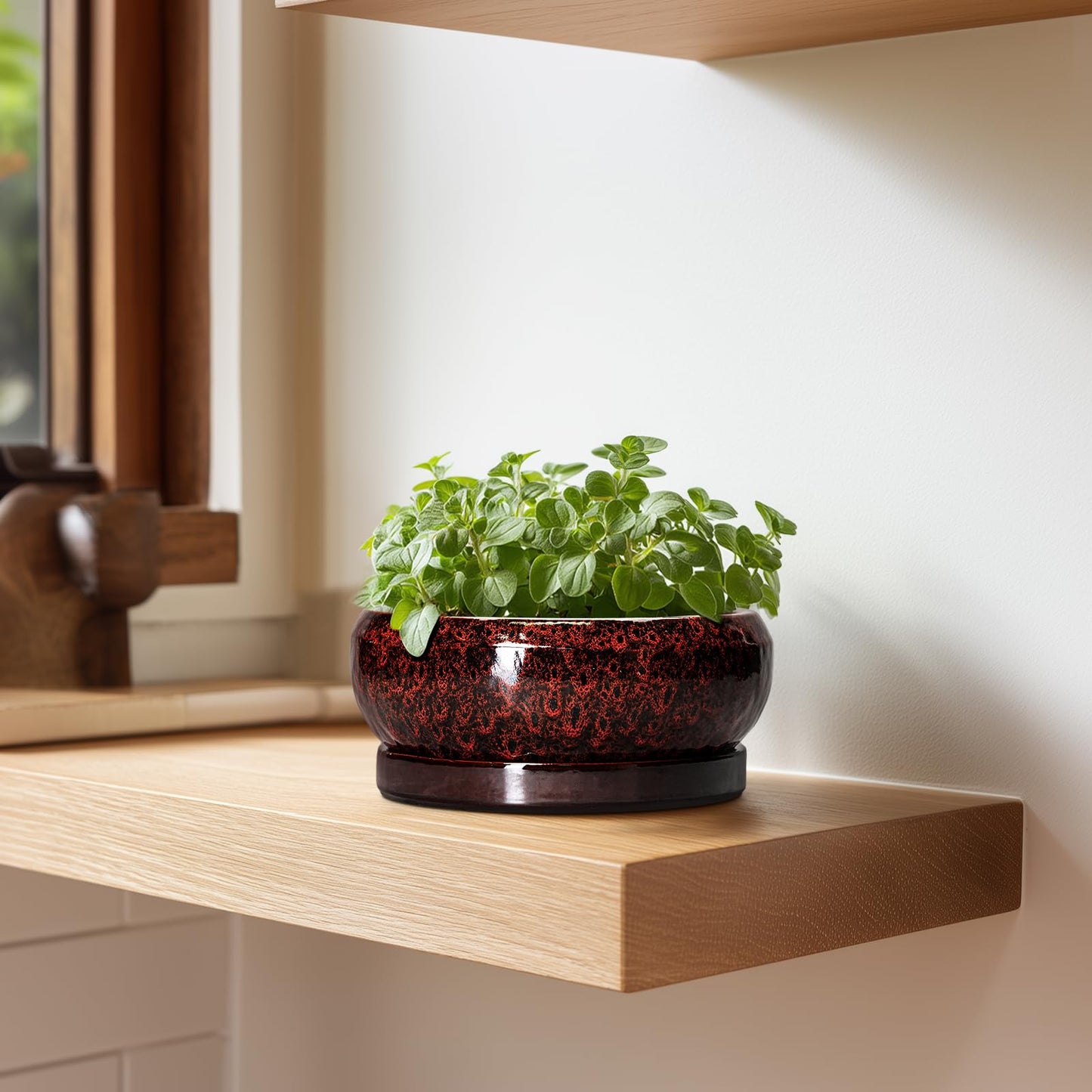 EPFamily Succulent Planters 6 Inch - Ceramic Bonsai Pots with Drainage Hole and Saucer, Small Bonsai Planter, Round Planter Bowl, Shallow Plant Pots Indoor, Room Decor, Gifts for Plant Lovers, Red