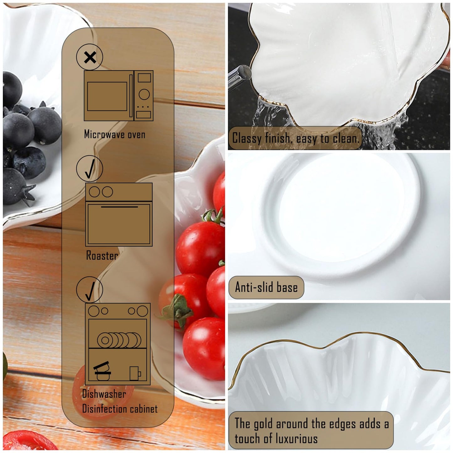 VanEnjoy 2 Pcs 6 Inch Ceramic Candy Dish - White Decorative Bowl With Golden Flower Rim for Office, Wedding, Party, Home - Porcelain Serving Bowl for Snacks, Fruit
