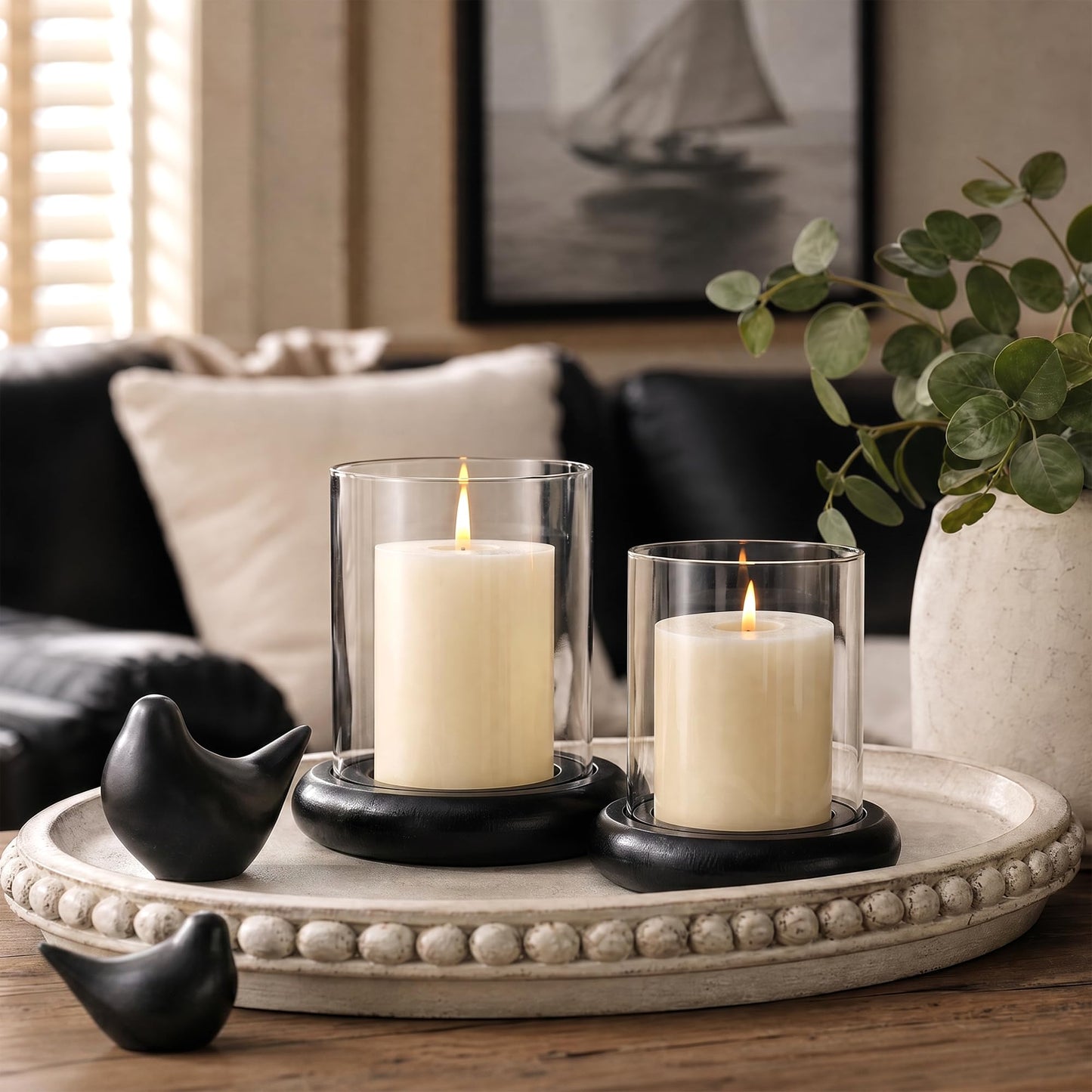 Set of 2 Black Hurricane Candle Holders with Wood Base, Modern Windproof Glass Cylinder Lantern, Farmhouse Pillar Candle Holder Decor for Table Centerpieces, Living Room, Patio & Kitchen Dining