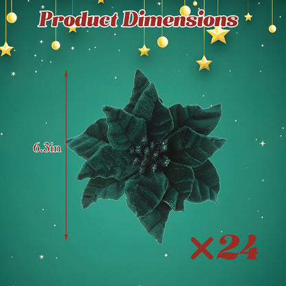 Garvee 24 Pcs Poinsettia Flowers Artificial, 6.3 in Large Velvet Christmas Flowers with Stems, Floral Picks for Christmas Tree Wreath Garland Ornaments Wedding Decor, Dark Green