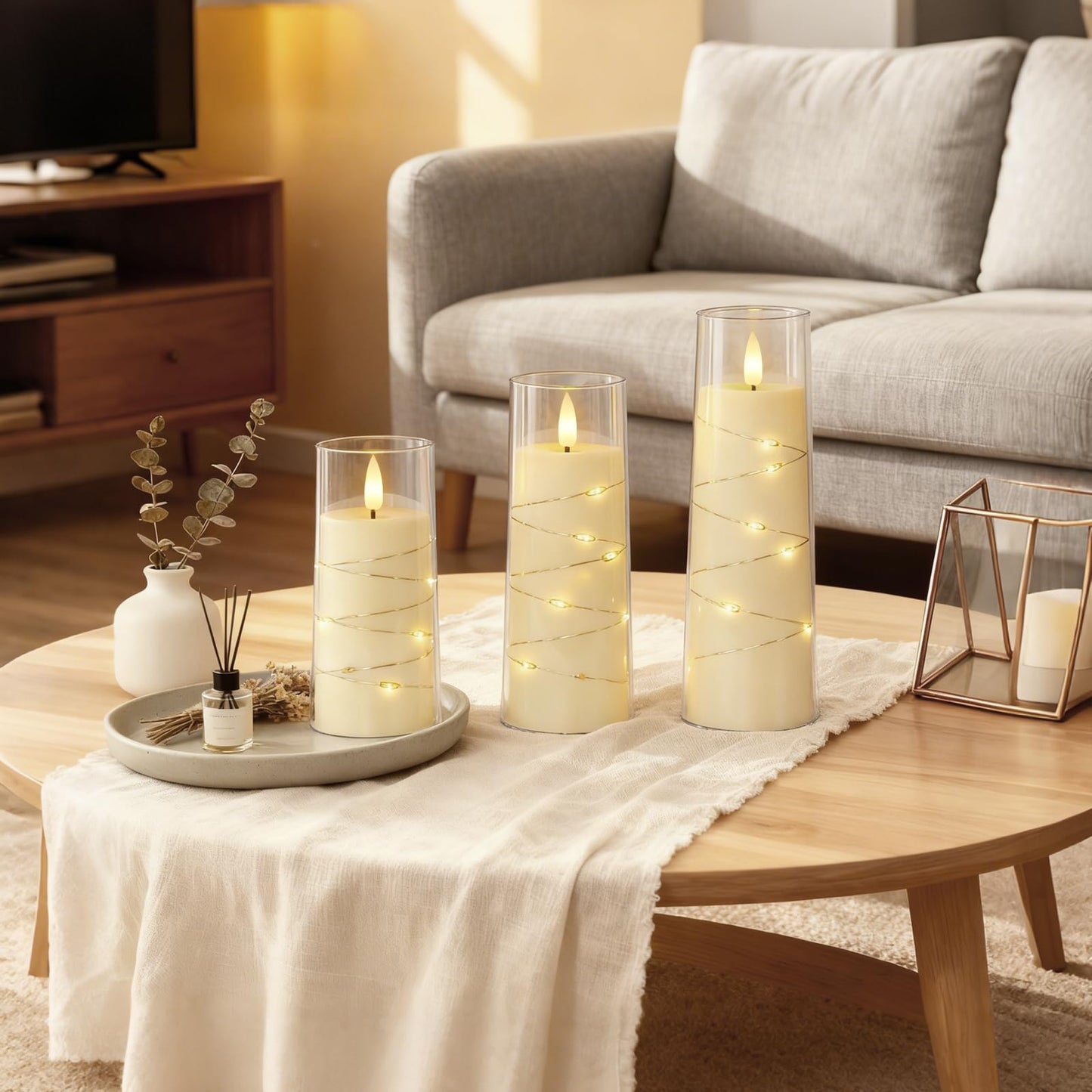 Raycare Flameless Candle with Remote Timer – 5 Flickering Acrylic Battery Operated LED Pillar Candles with Embedded Star String for Halloween, Home Decor, and as a Gift(Ivory)
