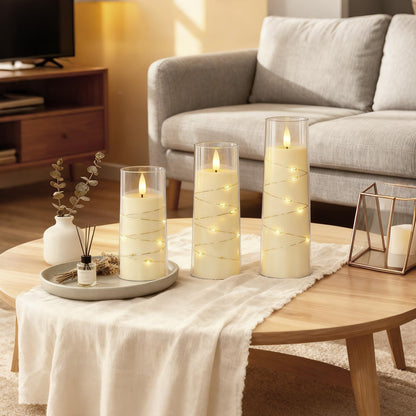 Raycare Flameless Candle with Remote Timer – 5 Flickering Acrylic Battery Operated LED Pillar Candles with Embedded Star String for Halloween, Home Decor, and as a Gift(Ivory)