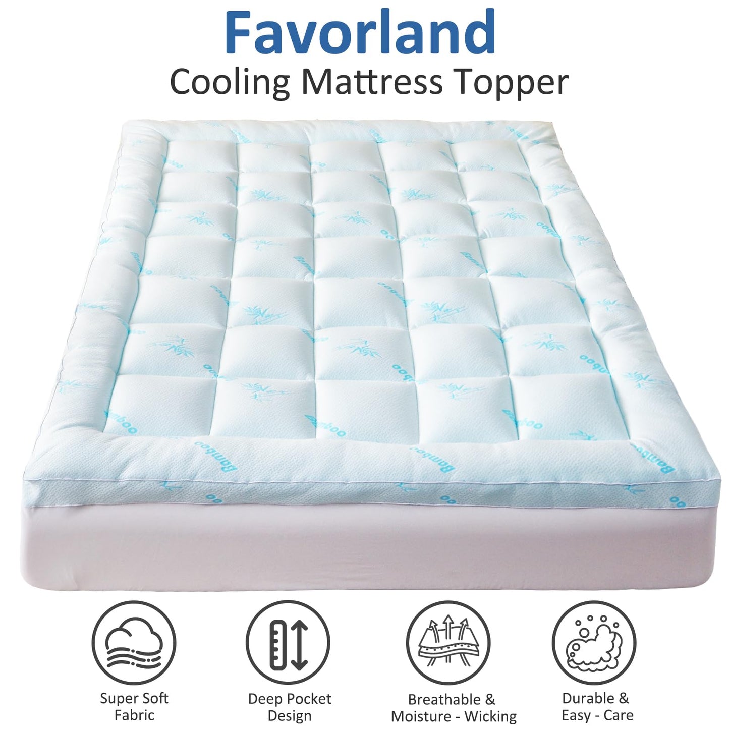 Favorland Mattress Topper King Size - Cooling Extra Thick Breathable Viscose Made from Bamboo Mattress pad - Soft Quilted Fitted Mattress Cover with 900 GSM Down Alternative Fill (8-21”Deep Pocket)