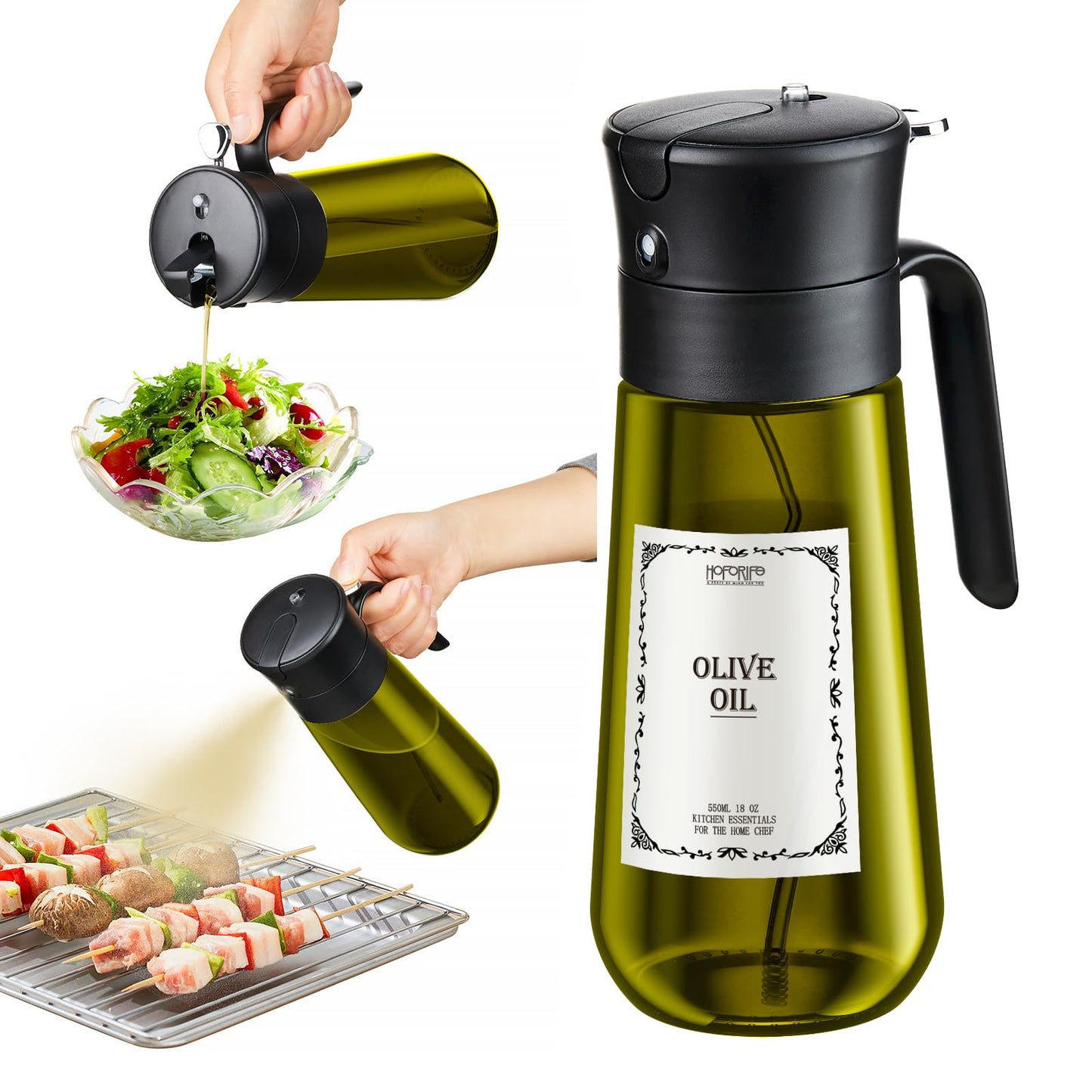 Glass Olive Oil Dispenser for Kitchen, 2 In 1 Oil Dispenser Bottle & Oil Sprayer for Cooking, Auto Flip Cap, 18oz Black (Light Blockage)