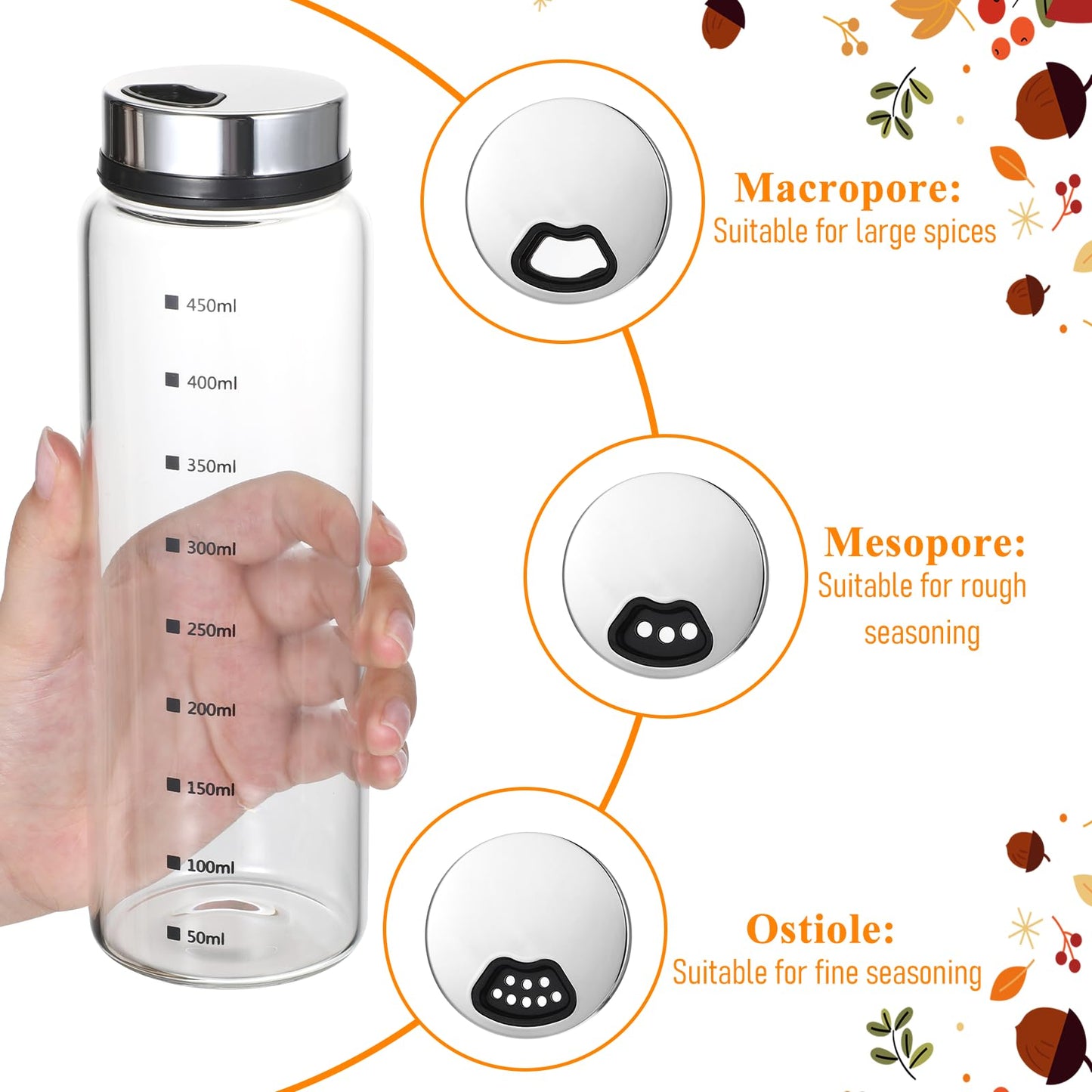 MySHUCE 2 Pcs 15 oz Large Salt Pepper Shakers with Adjustable Outlet Holes, Glass Spice Bottles Spice Dispensers with Non-Slip Silicone Bases & Rotating Steel Lids for Kitchen Restaurant BBQ