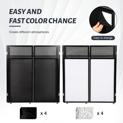 Portable DJ Booth Table Station 44"x42.2"x20.6", Foldable Metal Frame DJ Facade with Black & White Scrims, Detachable 40"x20" DJ Table, Adjustable Height, Carry Bag for Show, Party, Wedding, Events
