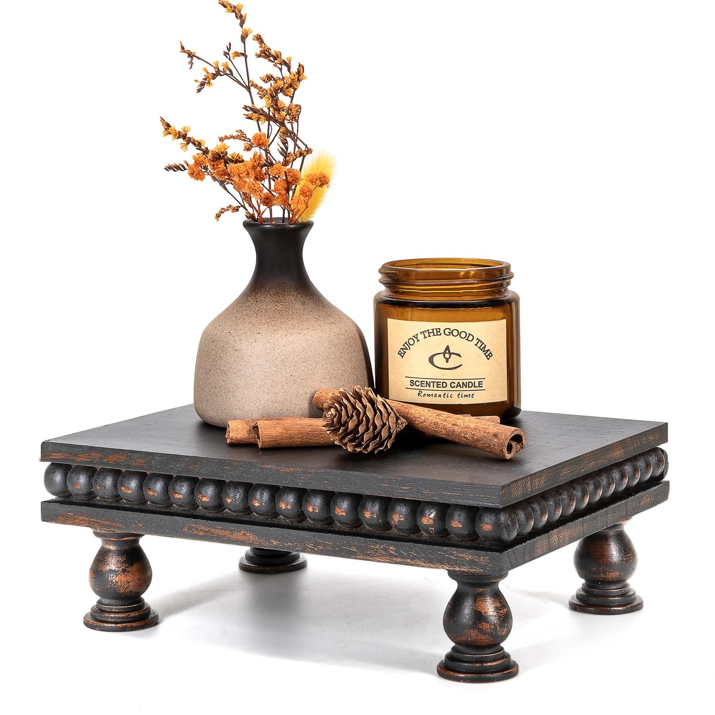 EOSAHR Pine Wood Display Riser – Boho Pedestal Stand for Home Decor, Showcasing Apartment Essentials, Perfume Tray or Coffee Table Accents – Modern Farmhouse Decor(Old Black)
