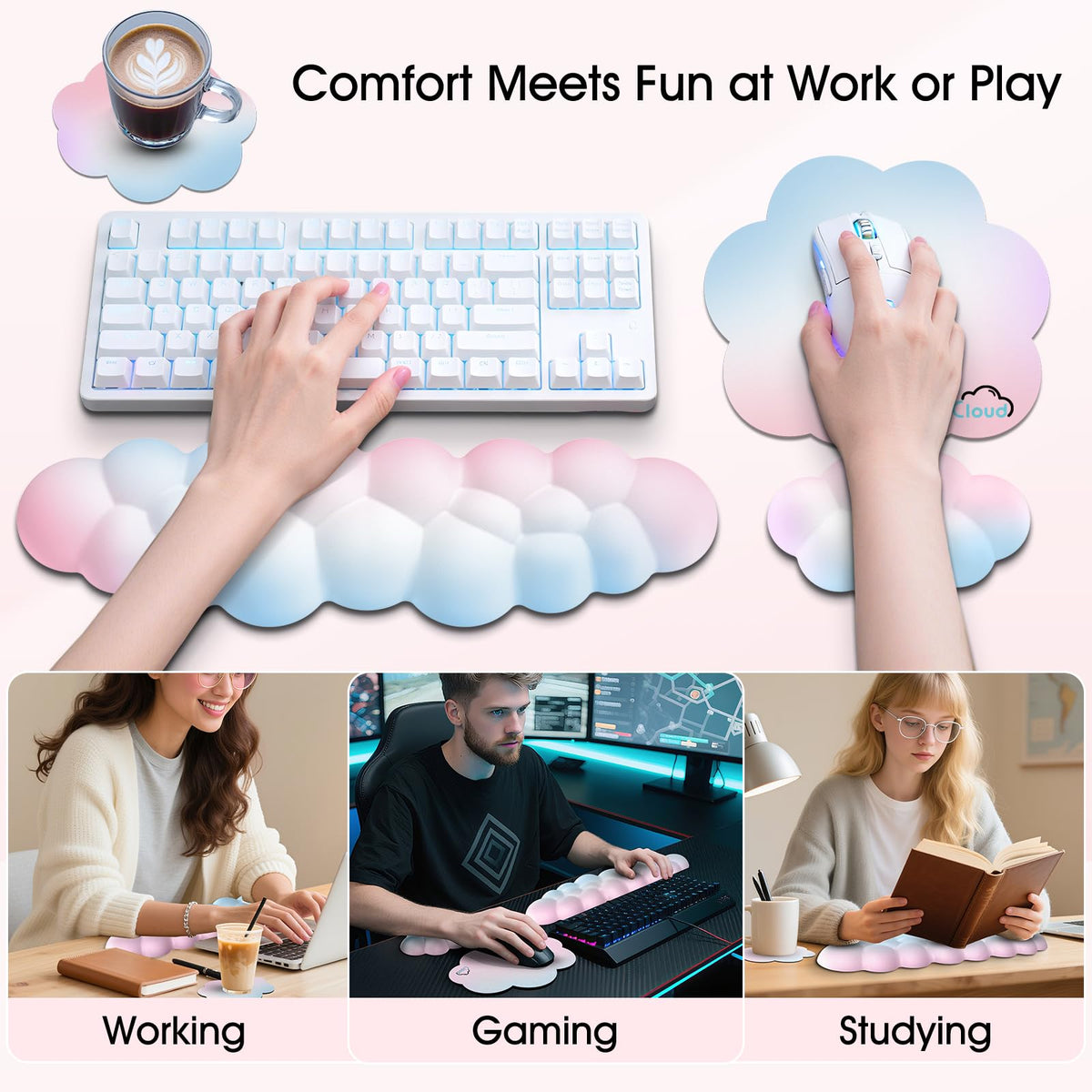 Sushret Cloud Wrist Rest for Computer Keyboard, 4-in-1 Memory Foam Leather Cloud Keyboard Wrist Rest and Mouse Pad Set with Ergonomic Support for Arm and Palm Cushion, Gaming/Work Setup, Rainbow