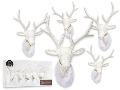 Christmas Traditions 6 inch Glittered Iridescent White Reindeer Head (Set of 5) Ornaments Hanging Tree Decorations (Platinum White) (Large)
