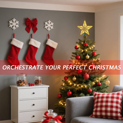 Christmas Star Tree Topper, Gold Glittered 3D Star Tree Topper, with Warm White LED Lights String Lights for Indoor Office Christmas New Year Holiday Tree Decoration