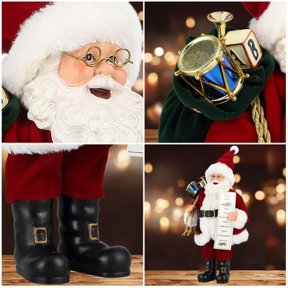 Uten Christmas Decorations, 11" Santa Claus, Christmas Figurine Figure Decor with Toys List and Black Gifts Bag for Holiday Party Home Decoration