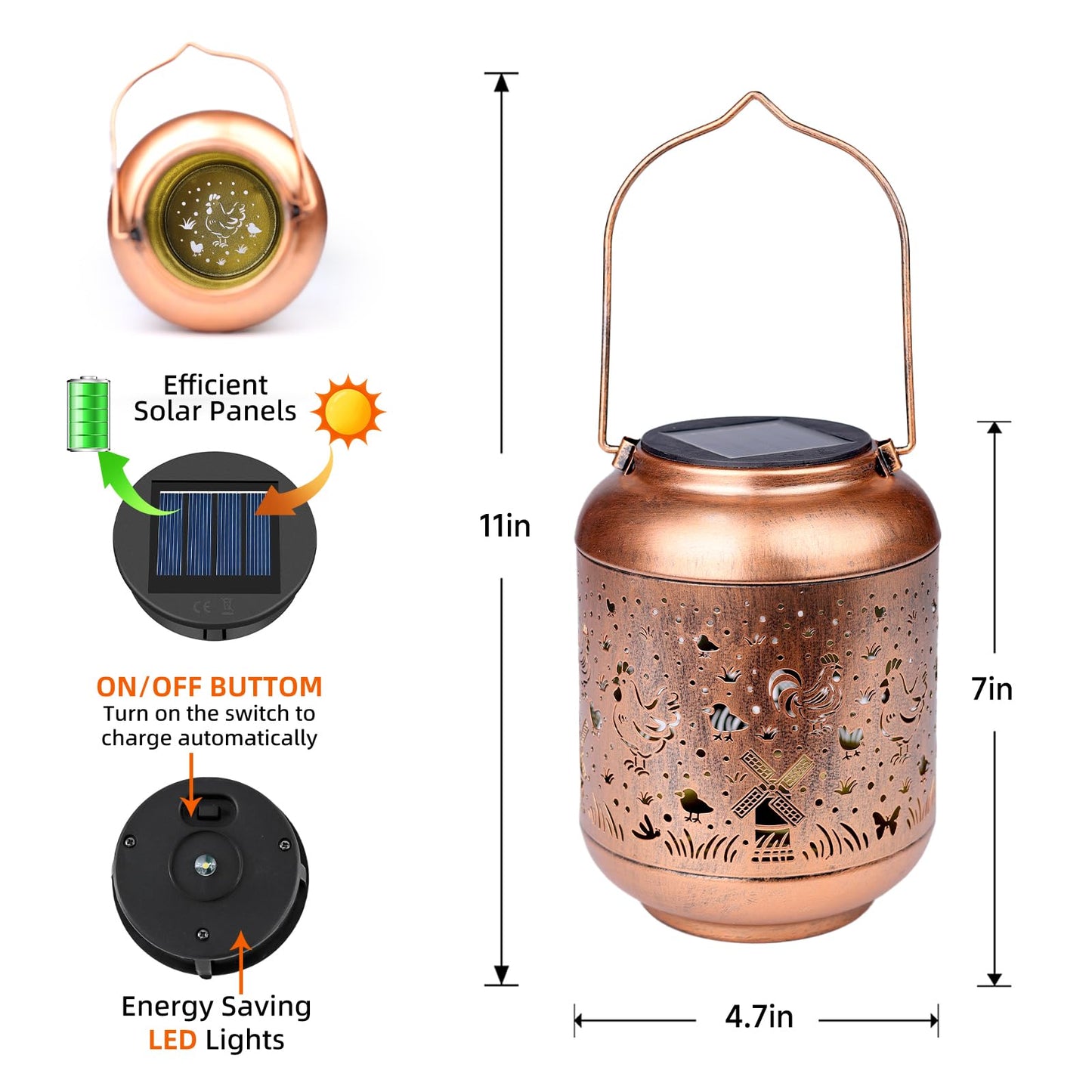 Chicken Solar Lanterns Outdoor Waterproof Hanging Solar Lights Birthday Gifts for Women Men Mom Metal Decorative Outside for Garden Yard,Patio,Lawn,Porch,Backyard,Tabletop Decor