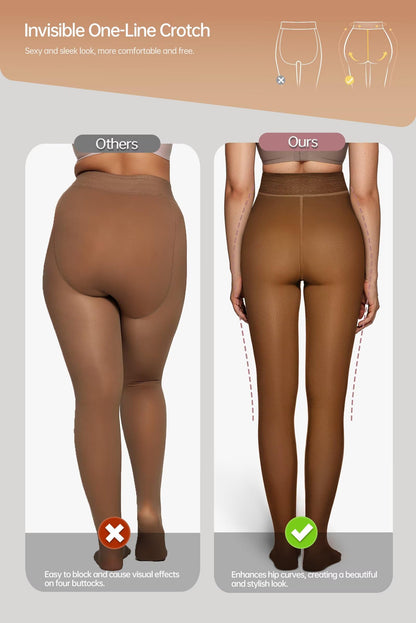 Vertvie Fleece Lined Tights Women Crotch One Seam Line Warm Sheer Pantyhose Fake Translucent Thermal Thick Tights Leggings