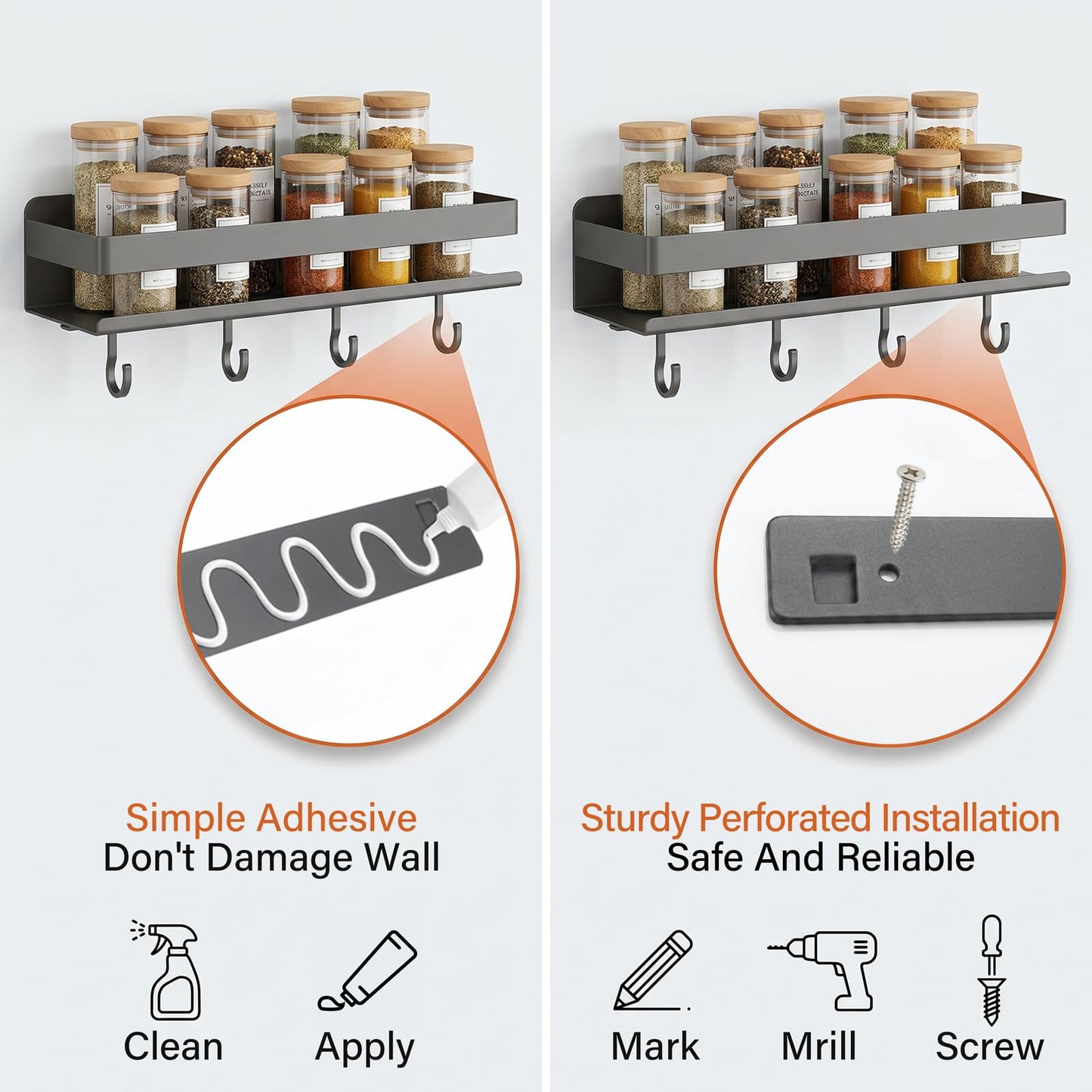 TIMBERHIDE 2-Pack Wall Mount Spice Rack,Easy to Install on the anywhere,Carbon Steel Kitchen Organizer with Hooks for Oil Salt Seasonings&Bathroom Toiletries,Grey