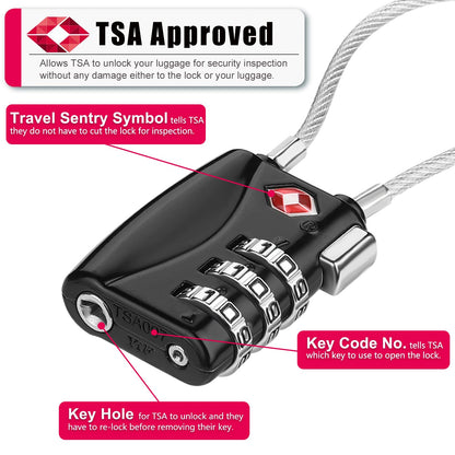 ZHEGE TSA Approved Luggage Locks, 3 Digit Cable Lock for Travel Baggage, Suitcase, Gym Lockers (Black)