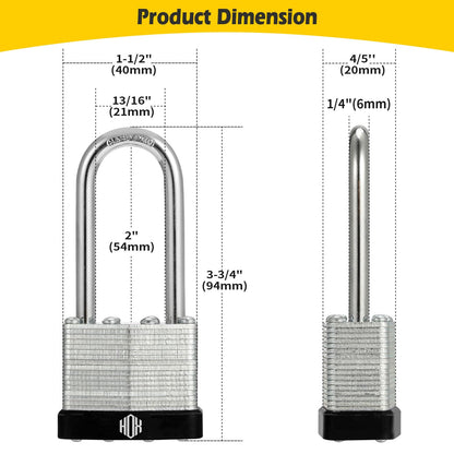 HOX Keyed-Alike Padlocks w/ 2” Long Hardened Shackle, 1-9/16” Wide Body, 12-Pack Shackle Padlock for Hasp Latch, Shed, Fence, Storage Locker, Black