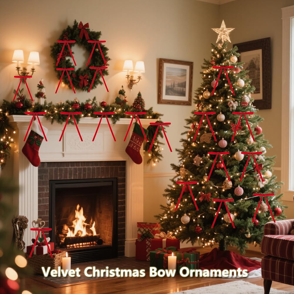 26 Pcs Velvet Christmas Tree Bows Ornaments, 5x7 Inch, 3/8" Wide, Craft Ribbon Bows for Garland Wreath Indoor Outdoor Xmas Decorations, Red