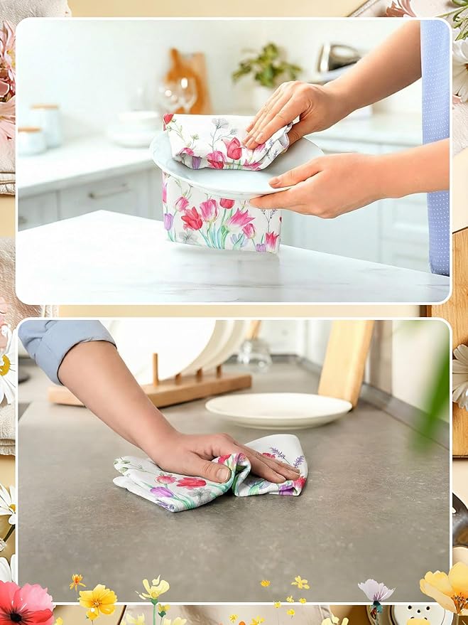 Bencailor 4 Pcs Spring Tulip Kitchen Towels Floral Flower Hand Dish Towels Pink