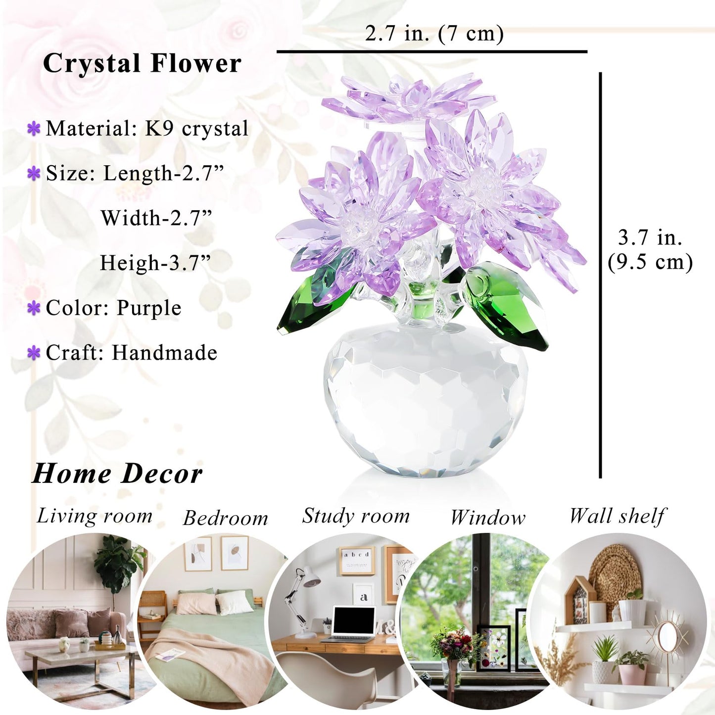 YWHL Purple Crystal Flower Figurines Decor, Beautiful Glass Flower Statue with Crystal Stand, Art Collectible Figurine Gifts for Wife Girlfriend