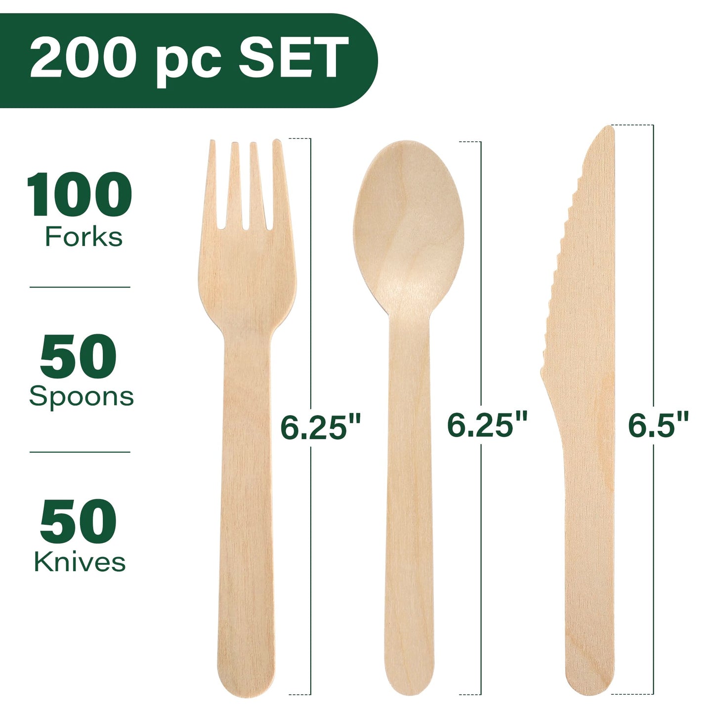 LotFancy Disposable Cutlery Set, 200Pcs Wooden Compostable Utensils (100 Forks, 50 Spoons, 50 Knives) Eco-Friendly Forks And Spoons Silverware