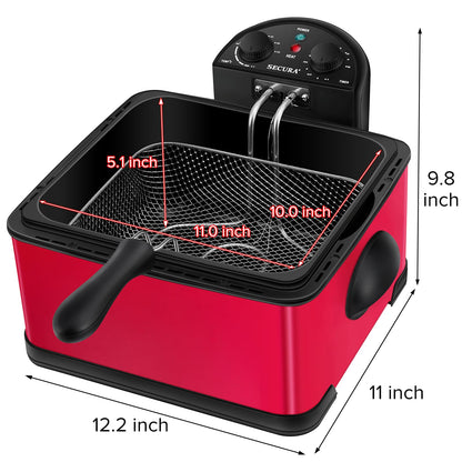 Secura 1700-Watt Stainless-Steel Triple Basket Electric Deep Fryer with Timer Free Extra Odor Filter, 4L/17-Cup, Red