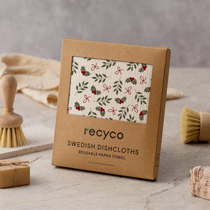 RECYCO 4 Pack Christmas Swedish Dishcloths for Kitchen | Jolly Holiday Washable Dish Towels | Cellulose Reusable Cleaning Paper Towels | Absorbent Counter Dish Cloth Sponge Kitchen Wipes, 7" x 8"
