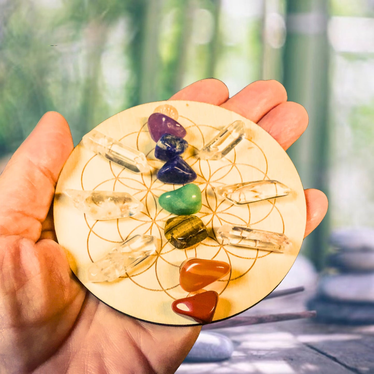Obilea Gems - 28-Piece Chakra Crystal Healing Set with Bamboo Storage Box – Includes Chakra Tumbled Stones, Specimen Crystals, Raw Clear Quartz Points, Selenite Charging Plate, Storage Bag & Info Card