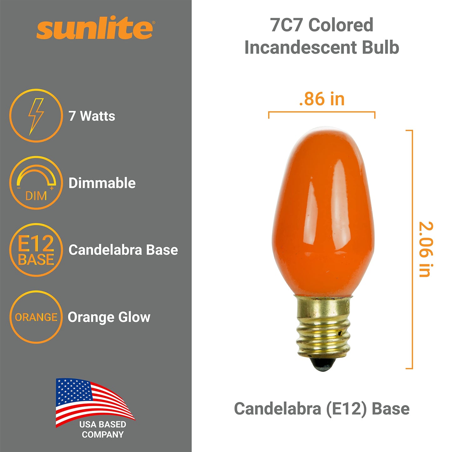 Sunlite 01270 7C7 Incandescent Bulb, 7 Watt, Candelabra E12 Base, C7 Small Night Light, Colored Bulb, Orange, 25 Count