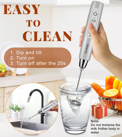 YUSWKO Black Handheld Milk Frother Wand for Coffee, Rechargeable Electric Whisk with 3 Heads 3 Speeds Drink Mixer Coffee Frother For Latte, Cappuccino, Hot Chocolate, Egg