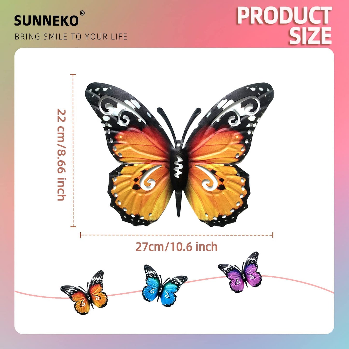 SUNNEKO 3 PCS Large Metal Butterfly Garden Ornaments Outdoor, Metal Wall Art Big Butterfly Decorations for Outside Garden Shed Fences Yard Decorations Wall Hanging