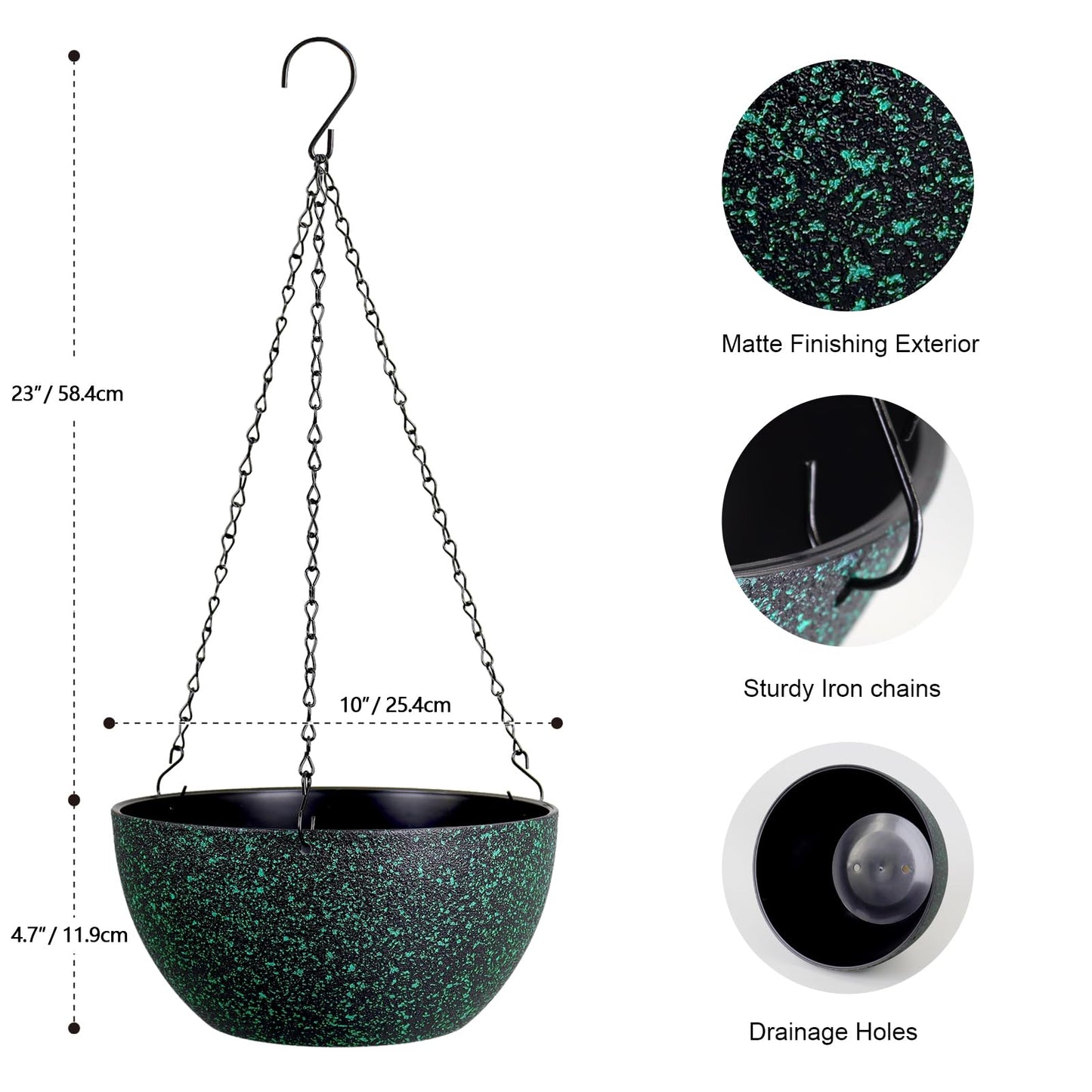Meowell 10 inch Hanging Planters for Indoor Outdoor Plants, 2 Pack Hanging Flower Pots with Drainage Holes and Chain for Garden, Plastic Hanging Baskets for House Plants, Black with Green Speckles