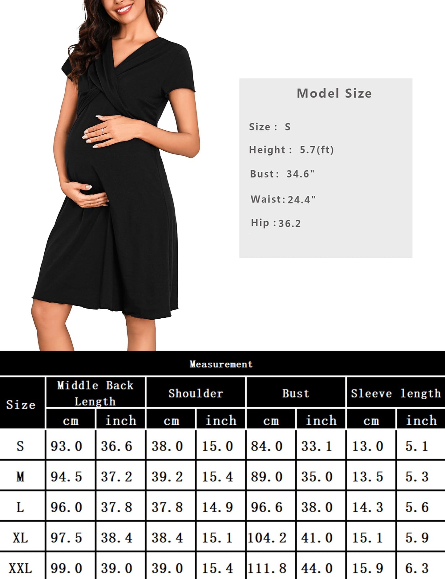 Irdcomps Women’s Breastfeeding Nightdress Maternity Nightshirt Nursing Nightgown Soft V Neck Pajama Loungewear Tops Dress for Pregnant Casual Black